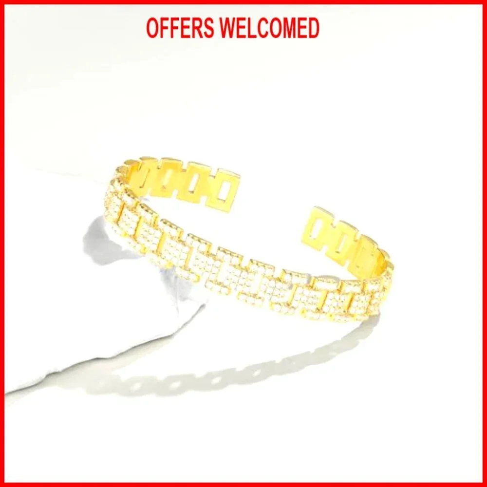 14K Gold Plated Cuff Bracelet, Adjustable Open Bangle, Cubic Zirconia - Picture 6 of 7